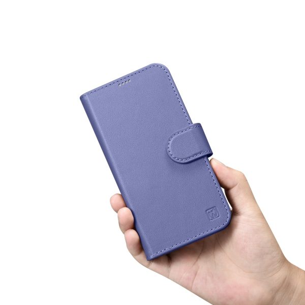 2in1 ādas korpuss ar iPhone 14 Plus anti-RFID maka korpuss gaiši purpursarkanā krāsā.