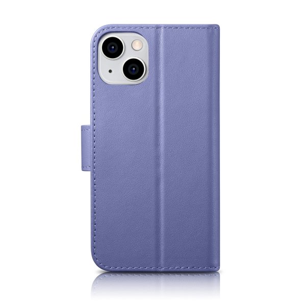2in1 ādas korpuss ar iPhone 14 Plus anti-RFID maka korpuss gaiši purpursarkanā krāsā.