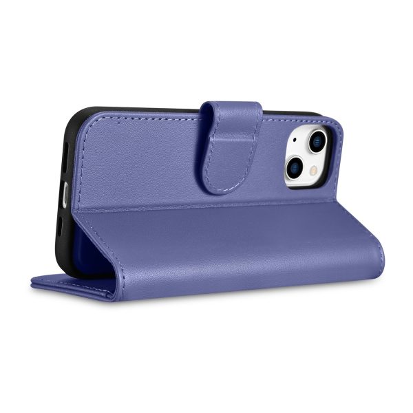 2in1 ādas korpuss ar iPhone 14 Plus anti-RFID maka korpuss gaiši purpursarkanā krāsā.