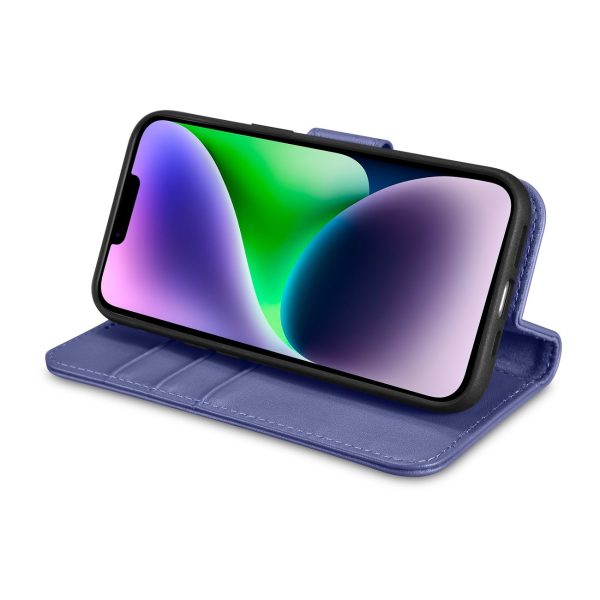 2in1 ādas korpuss ar iPhone 14 Plus anti-RFID maka korpuss gaiši purpursarkanā krāsā.