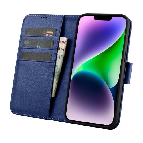 2in1 ādas korpuss ar iPhone 14 Plus anti-RFID maka korpuss zils