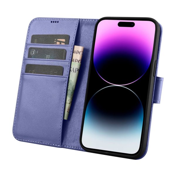 2in1 ādas korpuss ar iPhone 14 Pro Max Anti-RFID maka korpuss gaiši violets