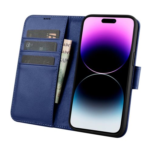 2in1 ādas korpuss ar iPhone 14 Pro Max Anti-RFID maka korpuss zilā krāsā