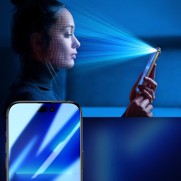 Rūdīts stikls iPhone 14 Pro ar pretspy filtru visam ekrānam ar caurspīdīgu rāmi