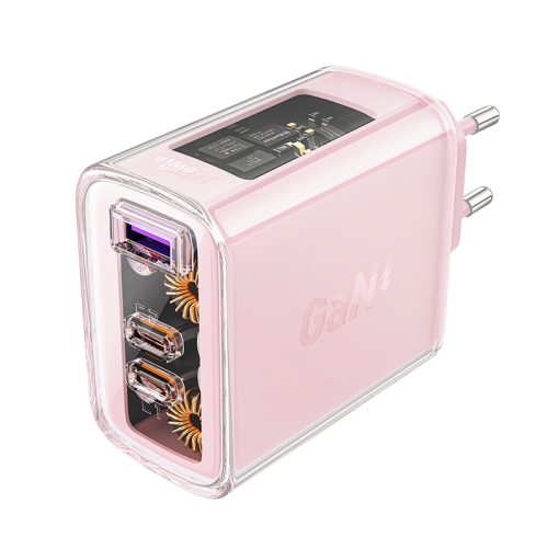 GAN 65W tīkla lādētājs 3 porti 1x USB 2X USB-C Pink