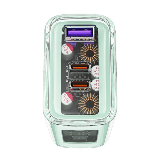 GAN 65W tīkla lādētājs 3 porti 1x USB 2X USB-C Pink