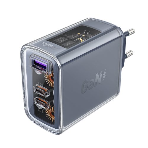 GAN 65W tīkla lādētājs 3 porti 1X USB 2X USB-C pelēks
