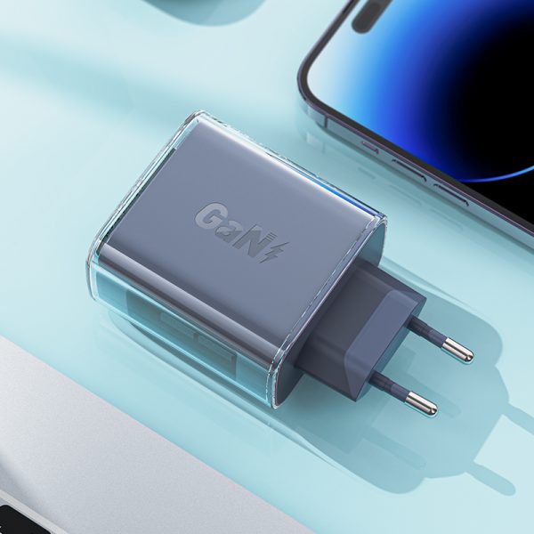 GAN 65W tīkla lādētājs 3 porti 1X USB 2X USB-C pelēks