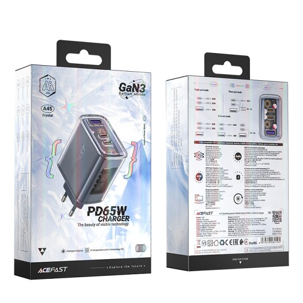 GAN 65W tīkla lādētājs 3 porti 1X USB 2X USB-C pelēks