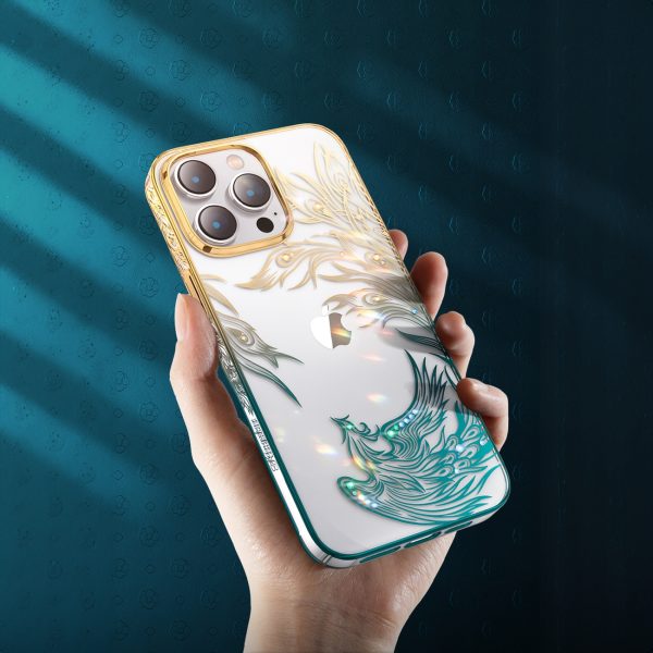 Greznas iPhone 14 korpuss ar Phoenix sērijas zelta zilajiem kristāliem