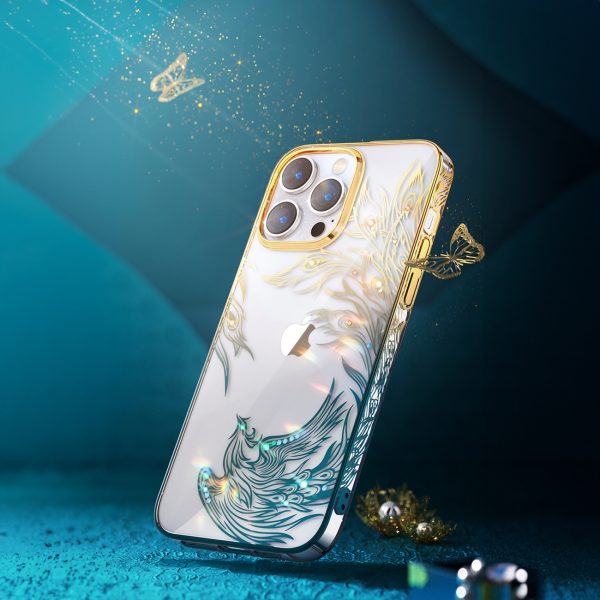 Greznas iPhone 14 korpuss ar Phoenix sērijas zelta zilajiem kristāliem