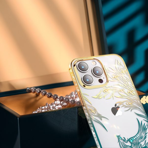 Greznas iPhone 14 korpuss ar Phoenix sērijas zelta zilajiem kristāliem
