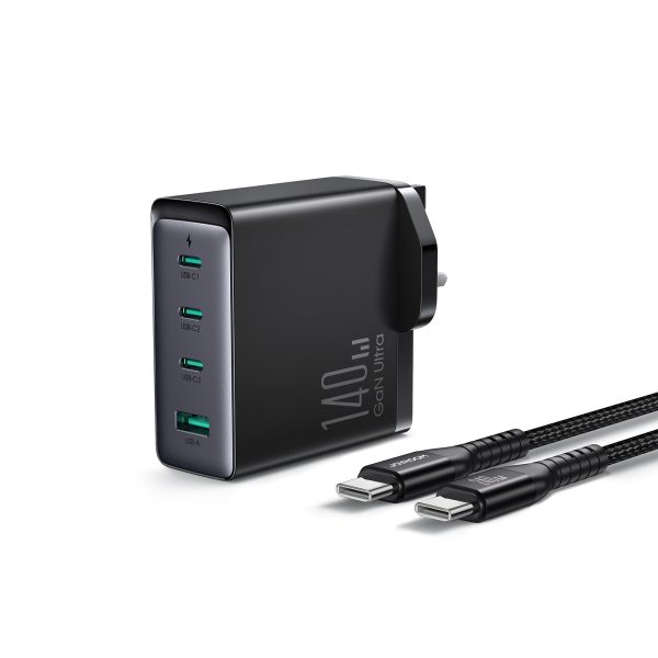 Gaan 140W Gan Charger UK 3X USB-C USB-A + USB-C kabelis 1