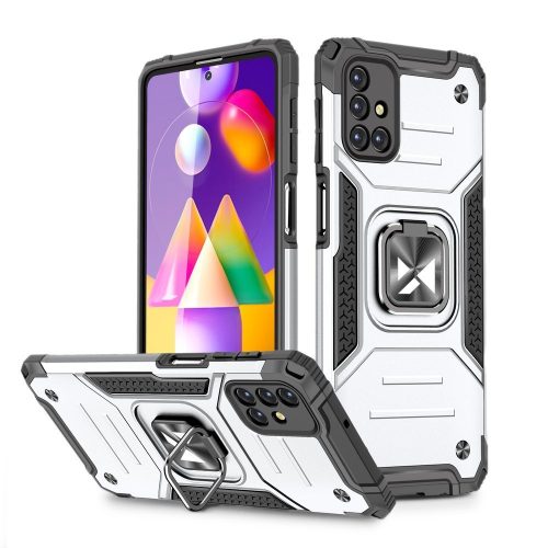 Bruņu hibrīda korpuss Samsung Galaxy M31s vāks + magnētiskā gredzena bruņu sudraba rokturis