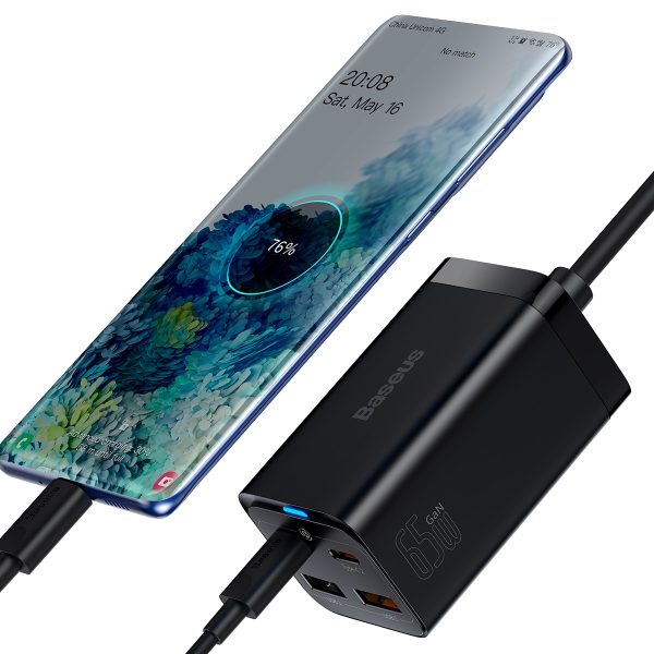 Ātrs lādētājs Gan3 Pro 2X USB-C / 2X USB 65W PD QC + USB-C 1M kabelis melns