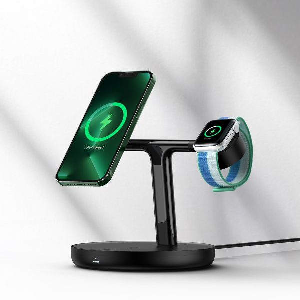 3in1 stenda indukcijas lādētājs iPhone Apple Watch AirPods + USB-C 1M kabelis melns