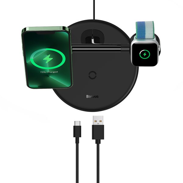 3in1 stenda indukcijas lādētājs iPhone Apple Watch AirPods + USB-C 1M kabelis melns
