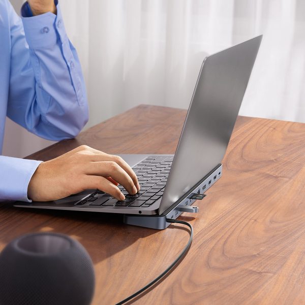 1022305-9-12w1-hub-podstawka-pod-notebooka-usb-c-usb-a-dp-hd-baseus-hurtownia-sklep 12in1 rumbas stends zem USB-C USB-A DP HDMI SD TF RJ45 3,5mm Jack Pd 100W pelēkā piezīmju grāmatiņa