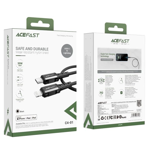 MFI kabeļa kabelis iPhone USB -C - Lightning 30W 3A 1,8m melns