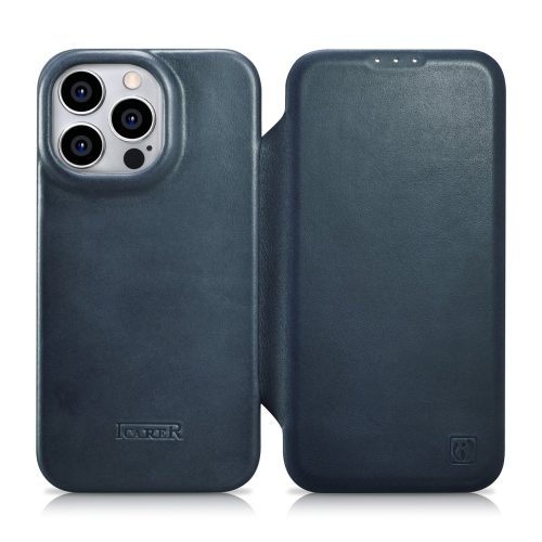 Ādas korpuss iPhone 14 Pro ar magnētisko atloku magsafe ce eļļas vaska premium ādas tumši zila