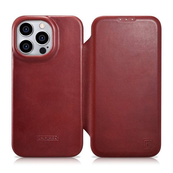 Ādas korpuss iPhone 14 Pro ar magnētisko atloku magsafe ce eļļas vaska premium ādas burgundiju