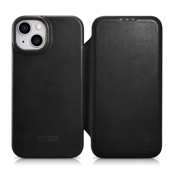 Ādas korpuss iPhone 14 Plus ar magnētisko atloku magsafe ce eļļas vaska premium ādu melna