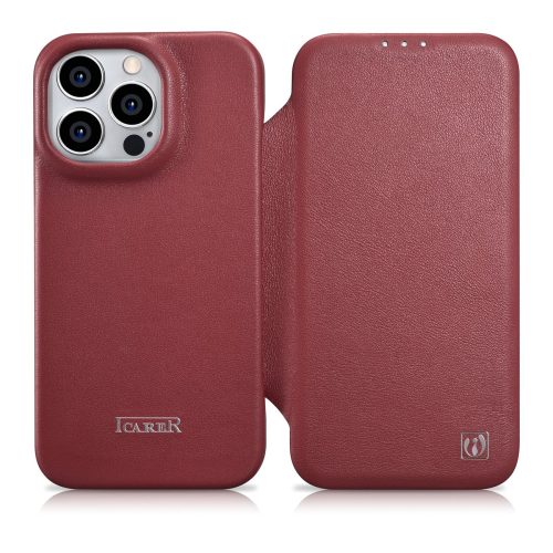 Ādas korpuss iPhone 14 Pro ar magnētisko atloku magsafe ce premium ādas burgundiju