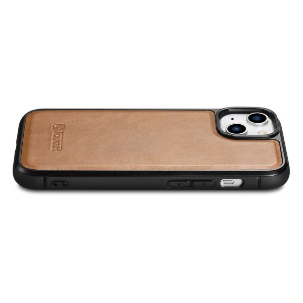 Korpuss, kas pārklāts ar dabīgu ādu iPhone 14 ādas eļļas vaskam, gaiši brūnu