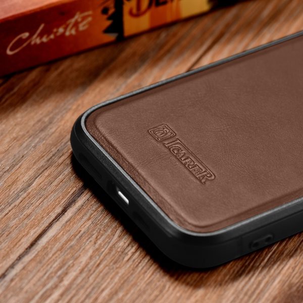 Korpuss, kas pārklāts ar dabīgu ādu iPhone 14, kā arī ādas eļļas vasks tumši brūns