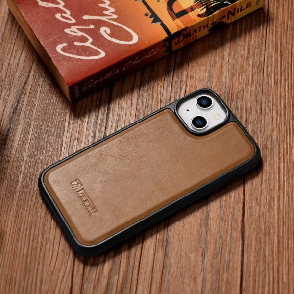 Korpuss, kas pārklāts ar dabīgu ādu iPhone 14, kā arī ādas eļļas vasks, gaiši brūns
