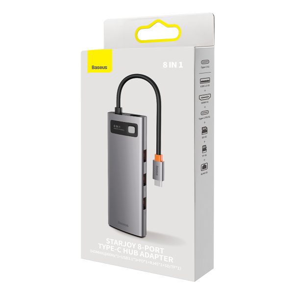 8in1 centrmezgla adapteris Starjoy USB-C USB-C PD 3X USB-A HDMI RJ-45 SD TF GREY