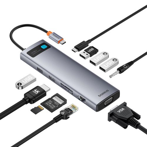 11W1 centrmezgls USB-C adapteris USB-C PD 4X USB HDMI VGA AUX RJ45 SD TF GREY