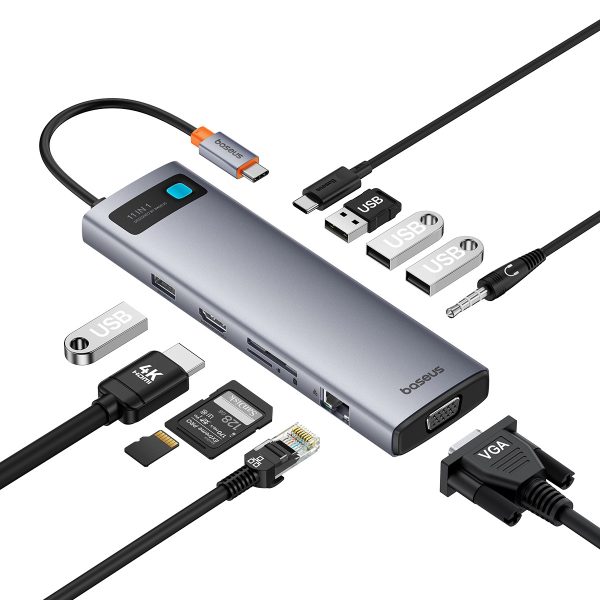 11W1 centrmezgls USB-C adapteris USB-C PD 4X USB HDMI VGA AUX RJ45 SD TF GREY
