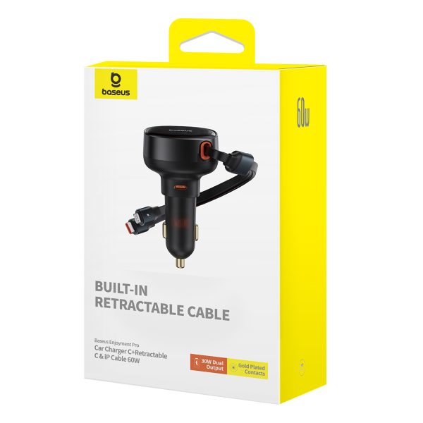 Automašīnu lādētājs ar USB-C un ar ripotu USB-C iPhone 60W USB-C kabeli