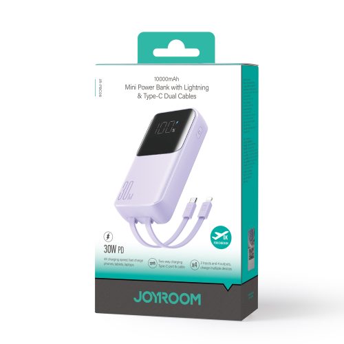 PowerBank 30W 1000mah ar iebūvētu iPhone zibens un USB-C Purple kabeļiem