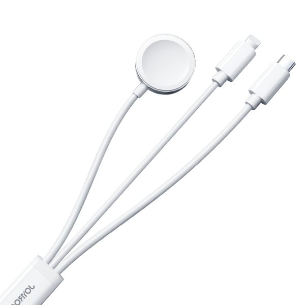 3in1 USB-A kabelis ar indukcijas lādētāju + 1x iPhone zibens + 1x USB-C 1,2m balts