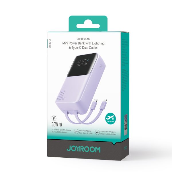 Mini PowerBank 20 000 mAh ar iebūvētu Jr-PBC07 30W kabeļi gaiši purpursarkani