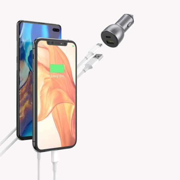 USB un USB-C QC 3.0 PD 36W 3A pelēkās automašīnas lādētājs