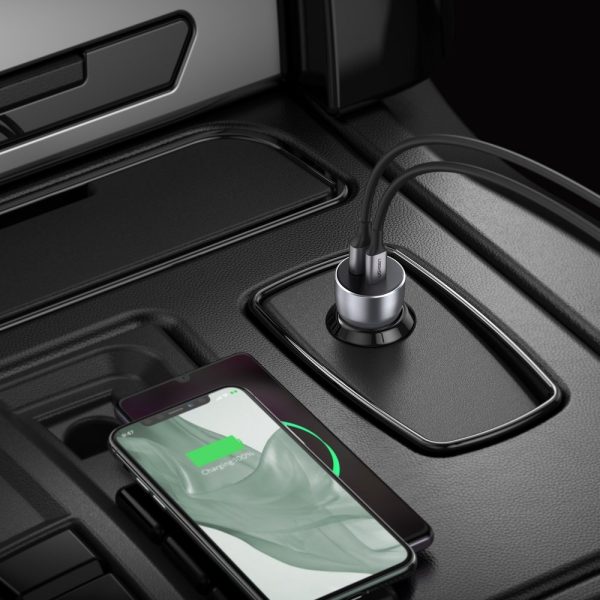 USB un USB-C QC 3.0 PD 36W 3A pelēkās automašīnas lādētājs