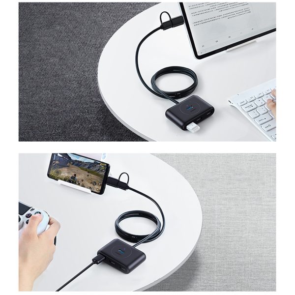4in1 centrmezgla adapteris USB-A/C izplatītājs 4x USB 3,0 5GB/s 1m melnam
