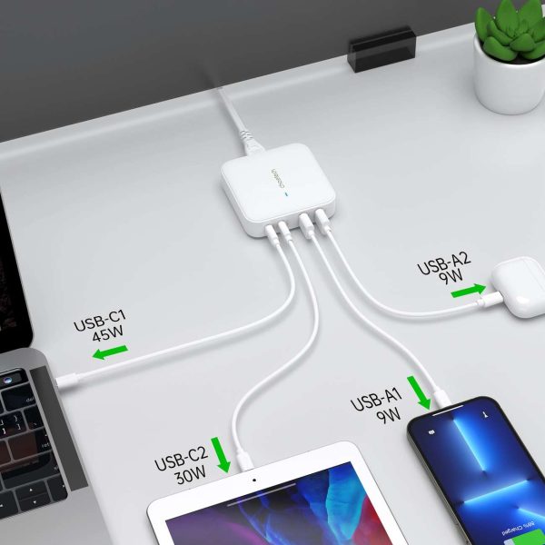 Spēcīgs GAN 100W 2X USB-A 2X USB-C baltais lādētājs