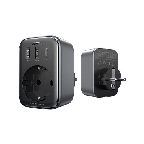 2in1 tīkla lādētāja adapteris ES AC 13A 2X USB-C 30W ES melns spraudnis