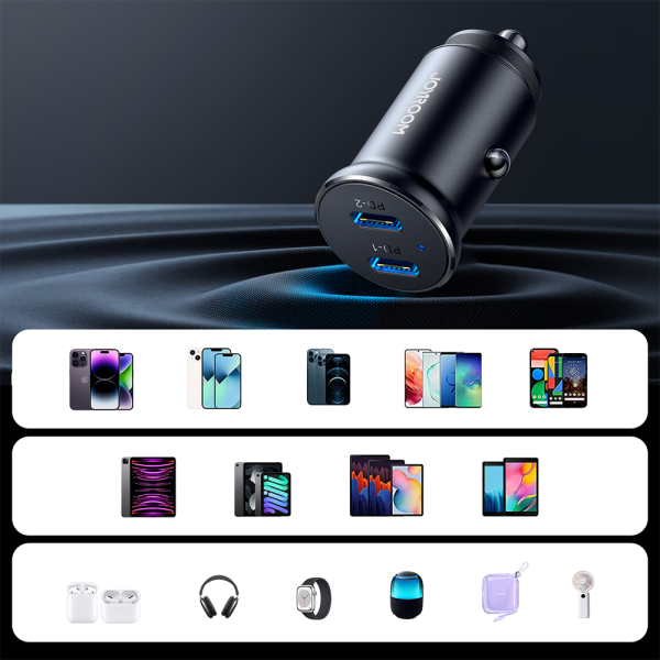 Mini automašīnas lādētājs 30W šķiltavas ligzdas 2x USB-C metāla melnā krāsā