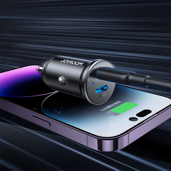 Mini automašīnas lādētājs 30W šķiltavas ligzdas 2x USB-C metāla melnā krāsā