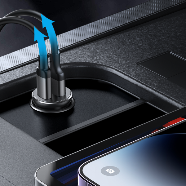Mini automašīnas lādētājs 30W šķiltavas ligzdas 2x USB-C metāla melnā krāsā