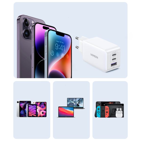 Ātrs GAN 65W USB-A / 2X USB-C baltais lādētājs