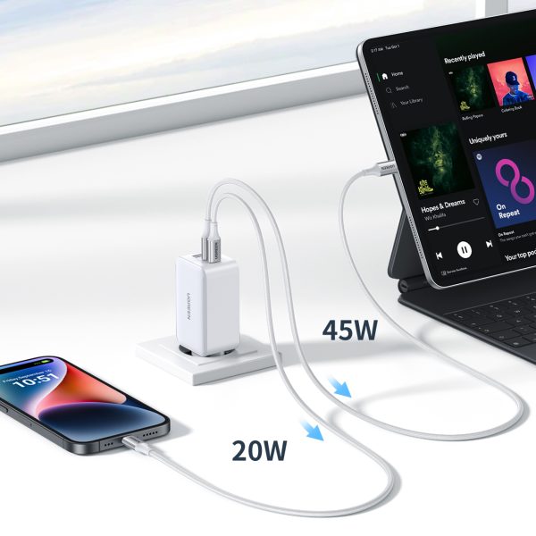 Ātrs GAN 65W USB-A / 2X USB-C baltais lādētājs