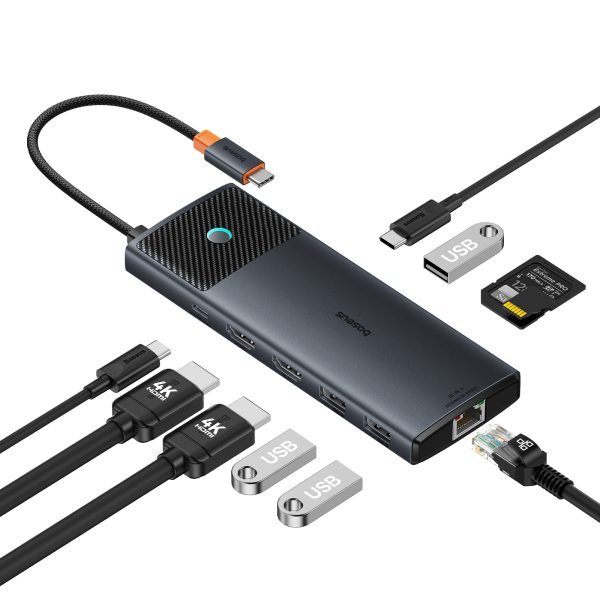 10in1 centrmezgls USB-C adapteris USB-C PD / 3X USB-A / 2X HDMI / RJ-45 / SD / TF Black Black