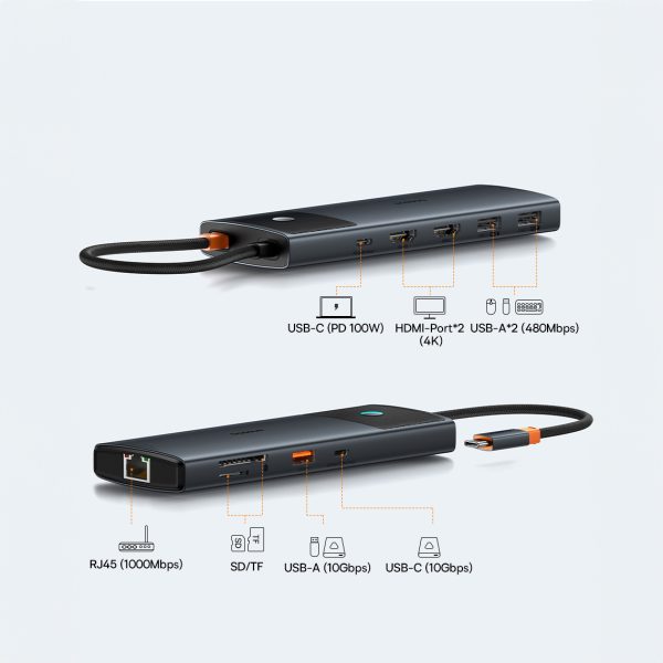 10in1 centrmezgls USB-C adapteris USB-C PD / 3X USB-A / 2X HDMI / RJ-45 / SD / TF Black Black