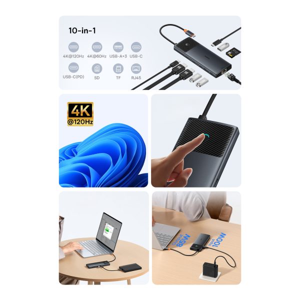 10in1 centrmezgls USB-C adapteris USB-C PD / 3X USB-A / 2X HDMI / RJ-45 / SD / TF Black Black